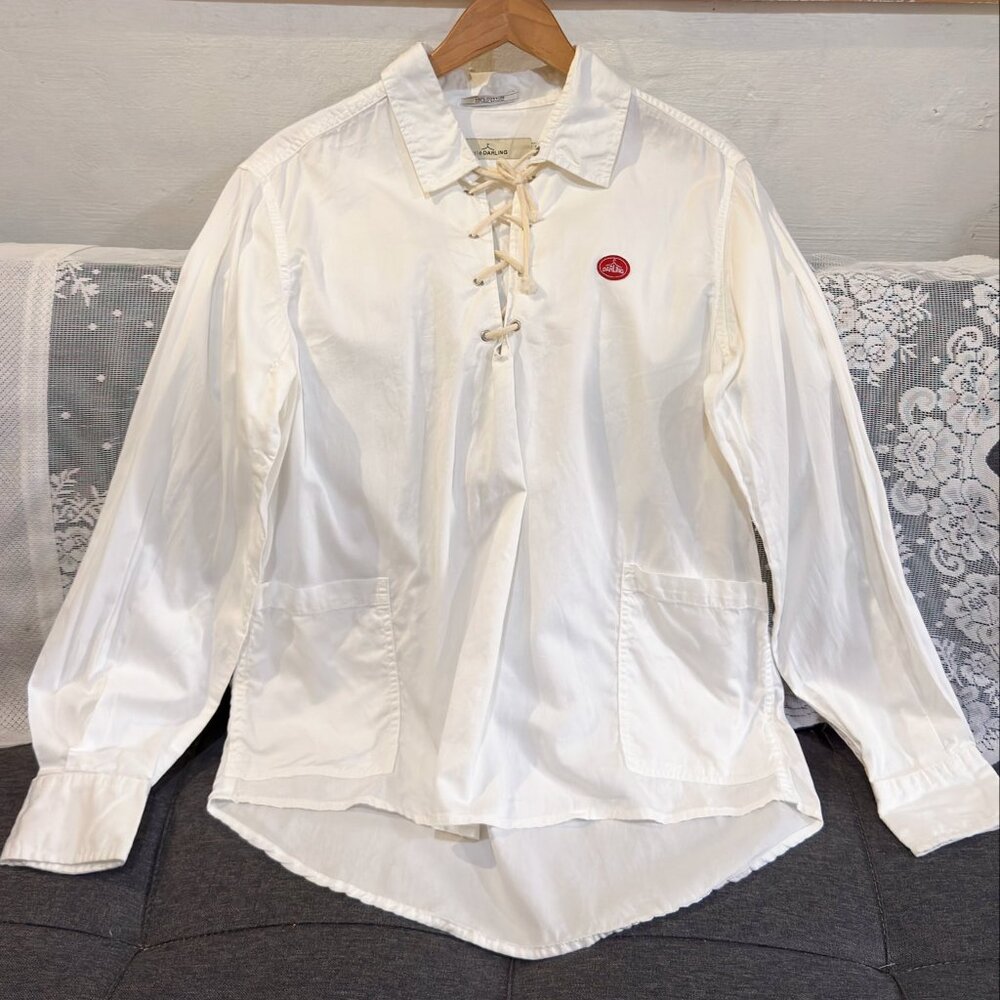 White Lace-Up Collar Button Down Blouse